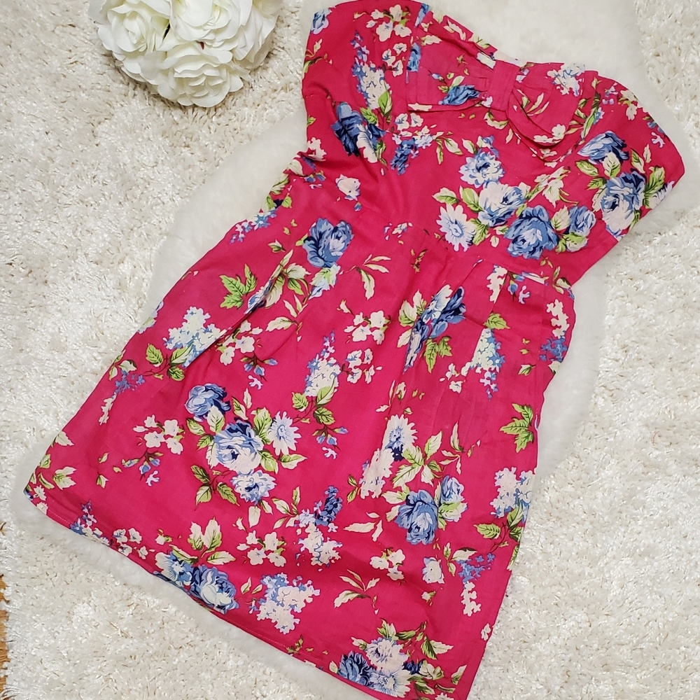 NICOLETTE floral pink strapless mini bow dress